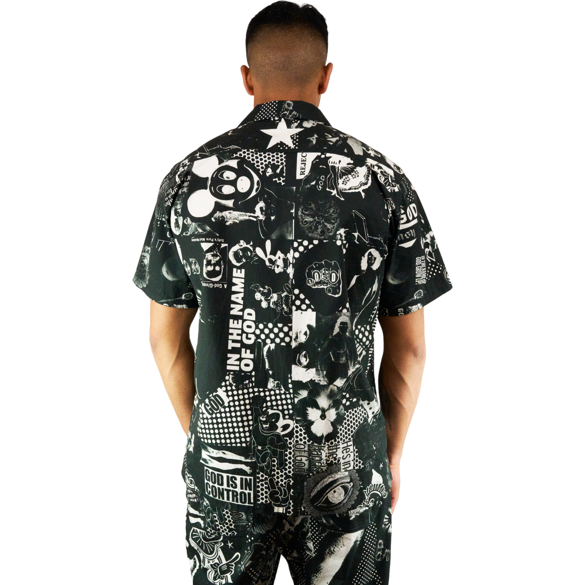 God Black Collage Print Bowling Shirt