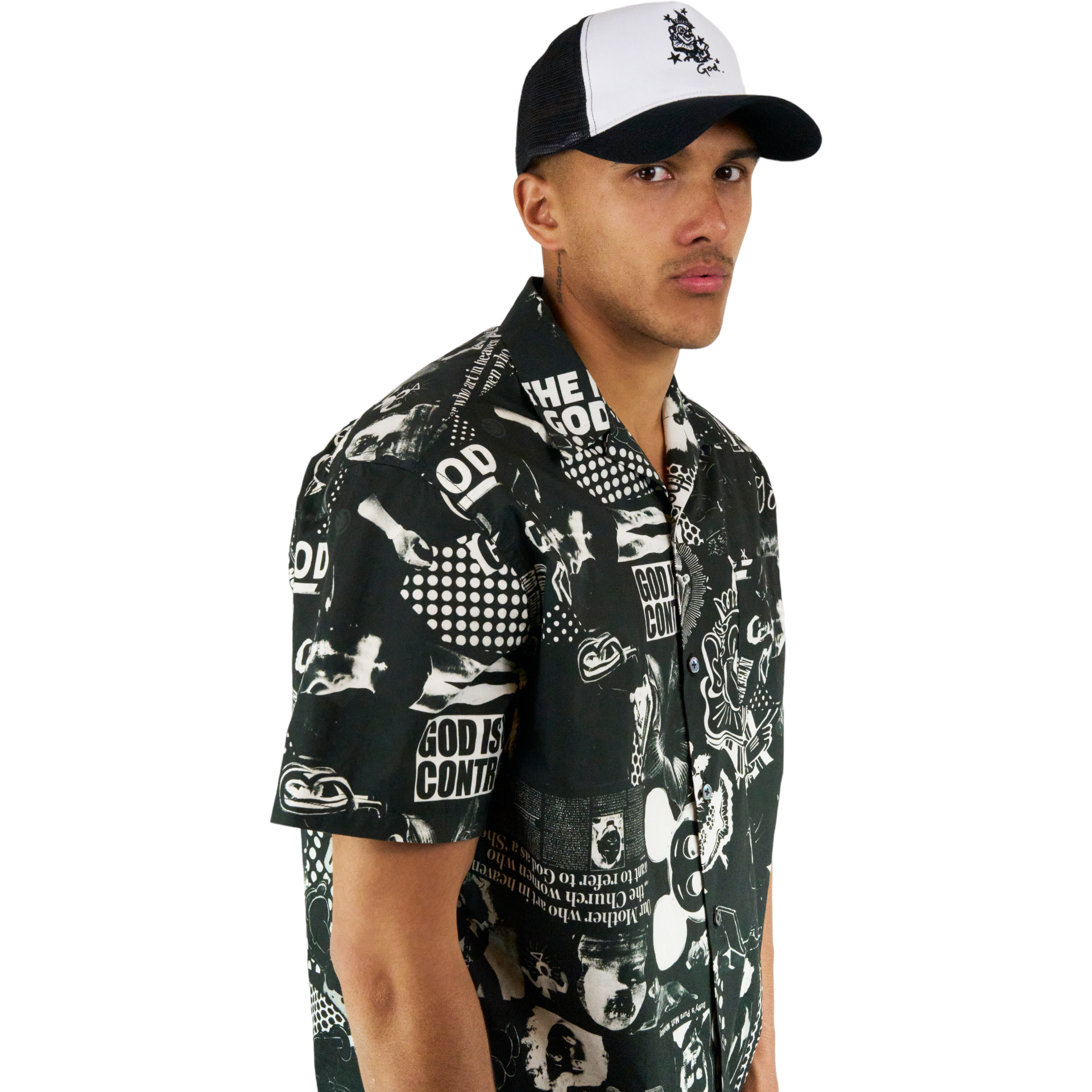 God Black Collage Print Bowling Shirt