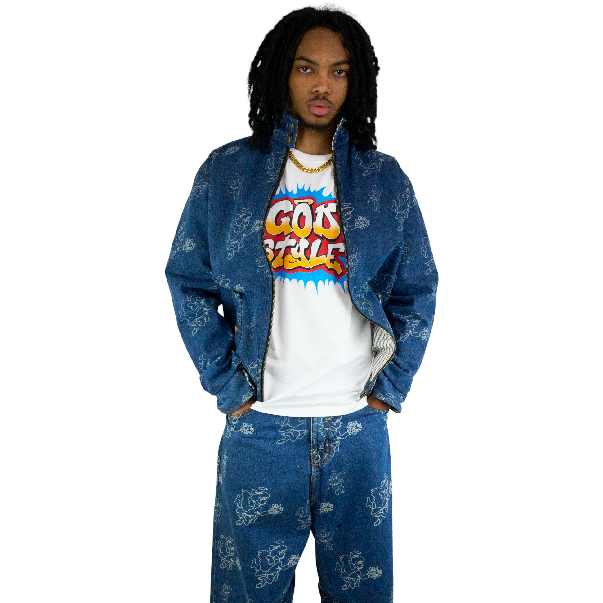 GOD Cherub Print Stonewash Denim Harrington Jacket