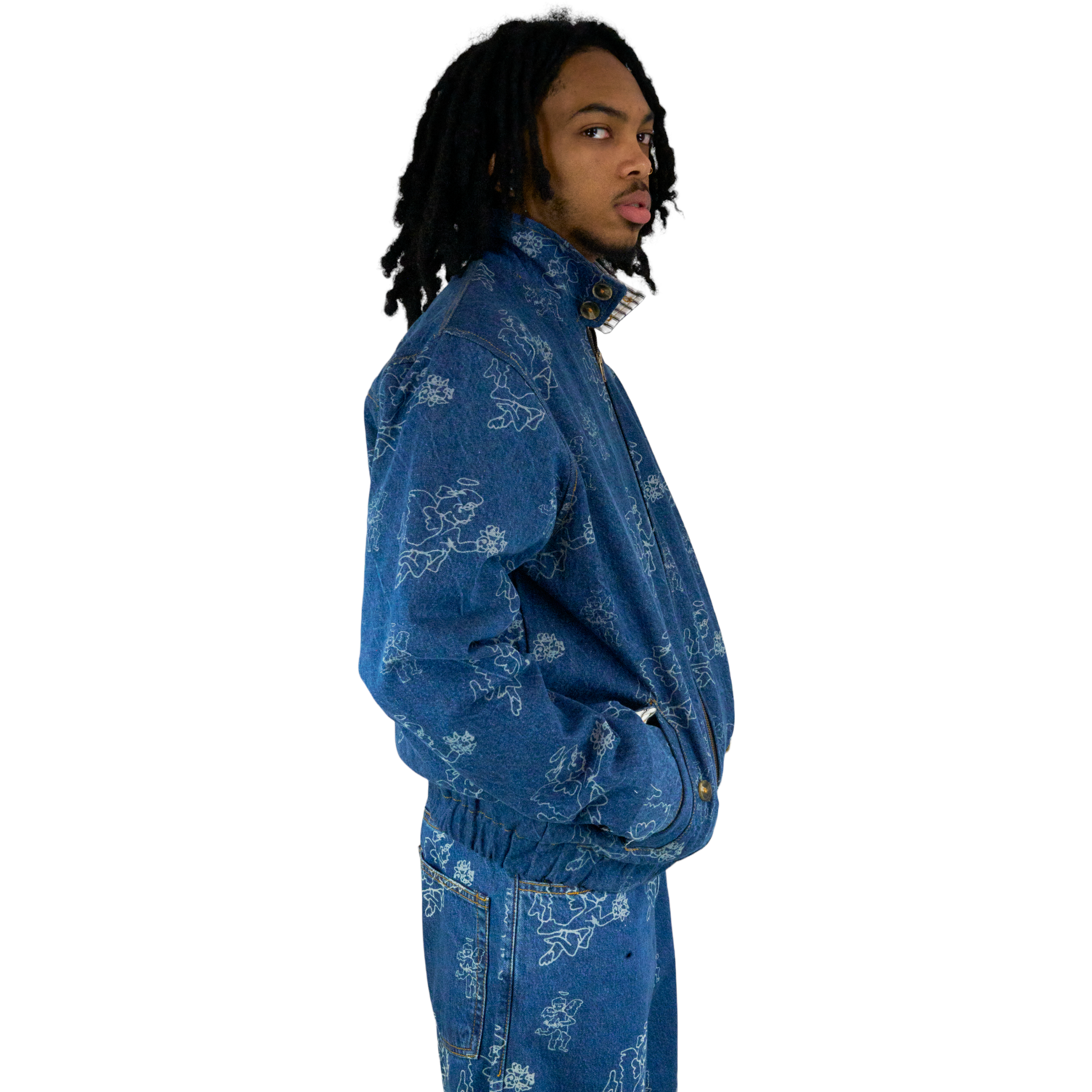 GOD Cherub Print Stonewash Denim Harrington Jacket