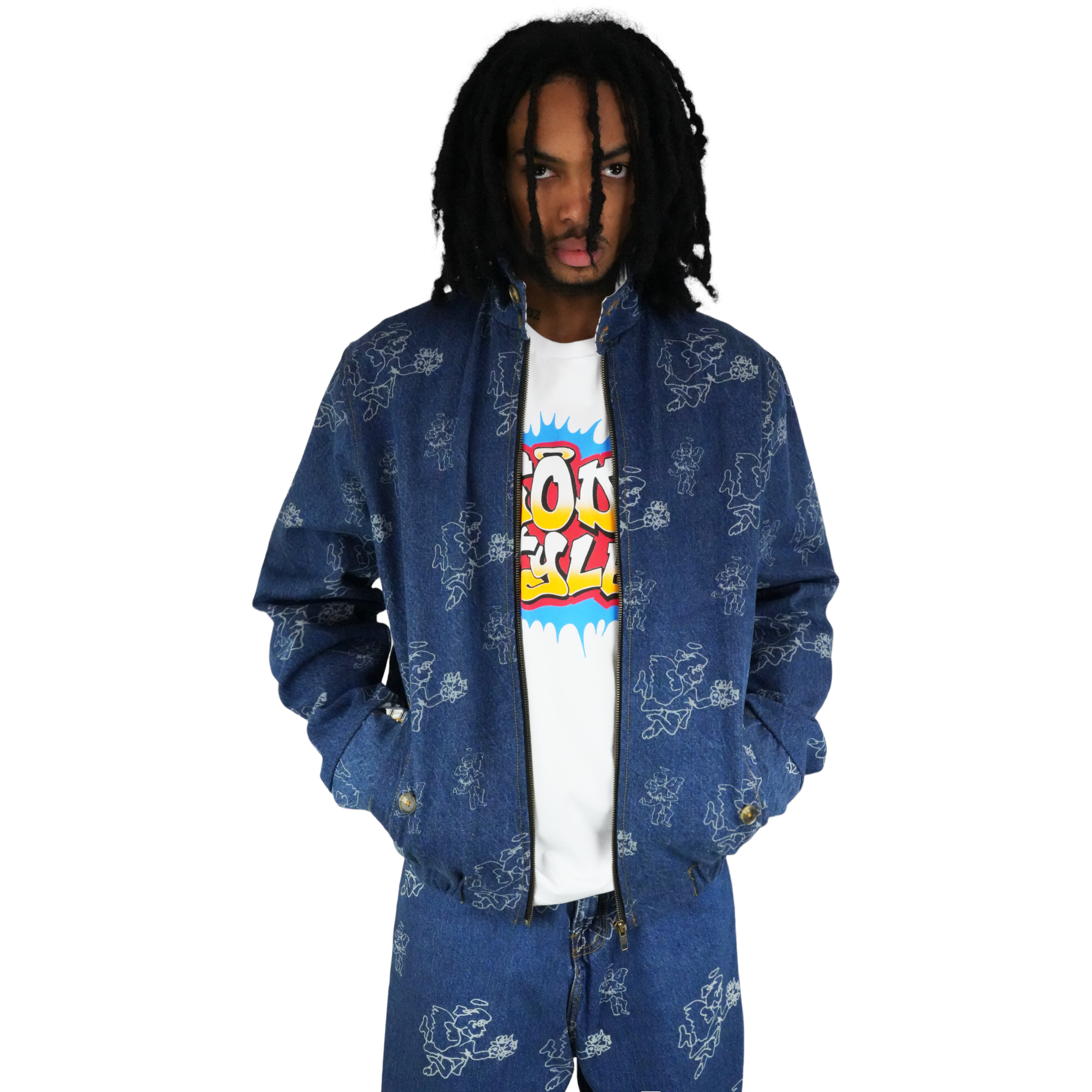 GOD Cherub Print Stonewash Denim Harrington Jacket