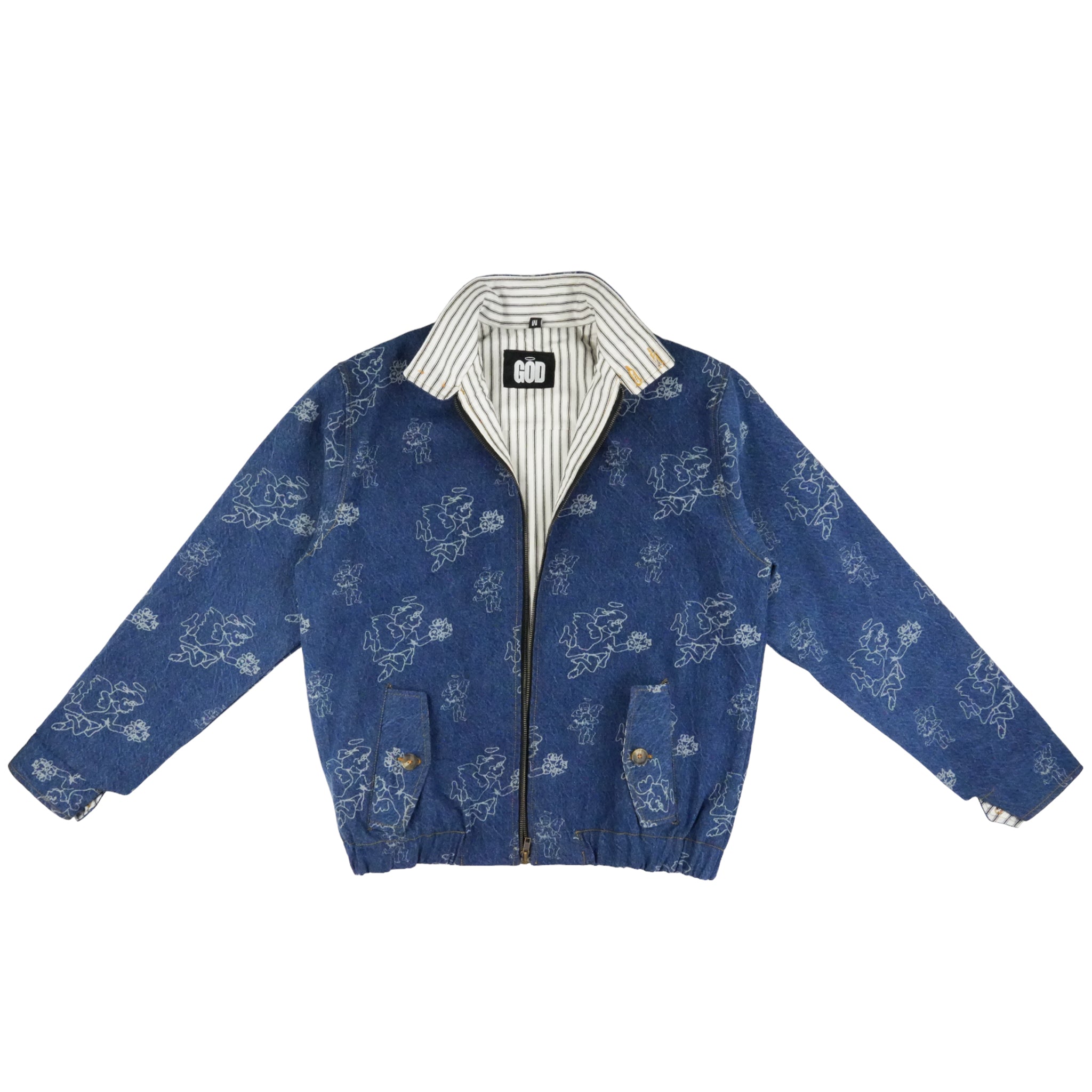 GOD Cherub Print Stonewash Denim Harrington Jacket