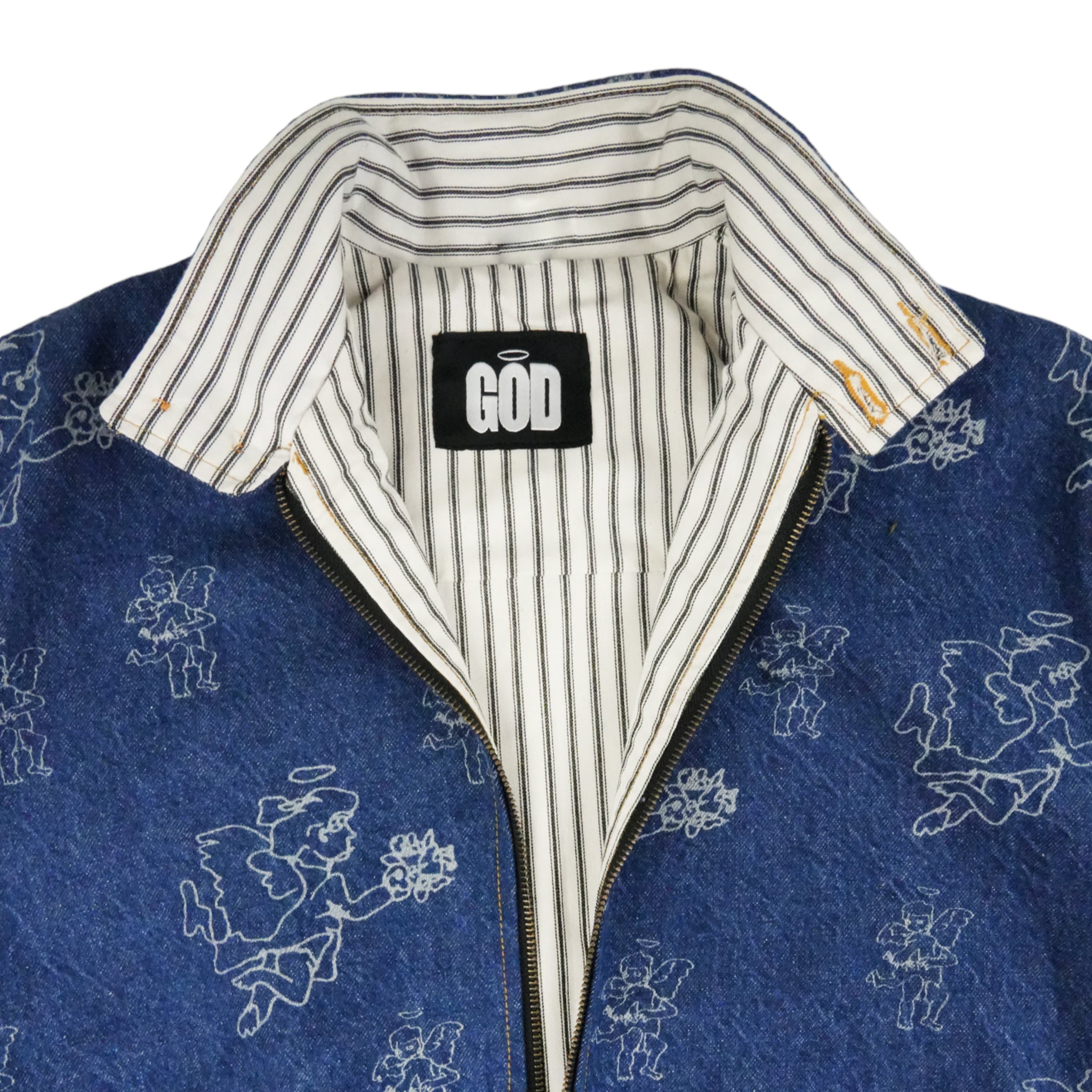 GOD Cherub Print Stonewash Denim Harrington Jacket