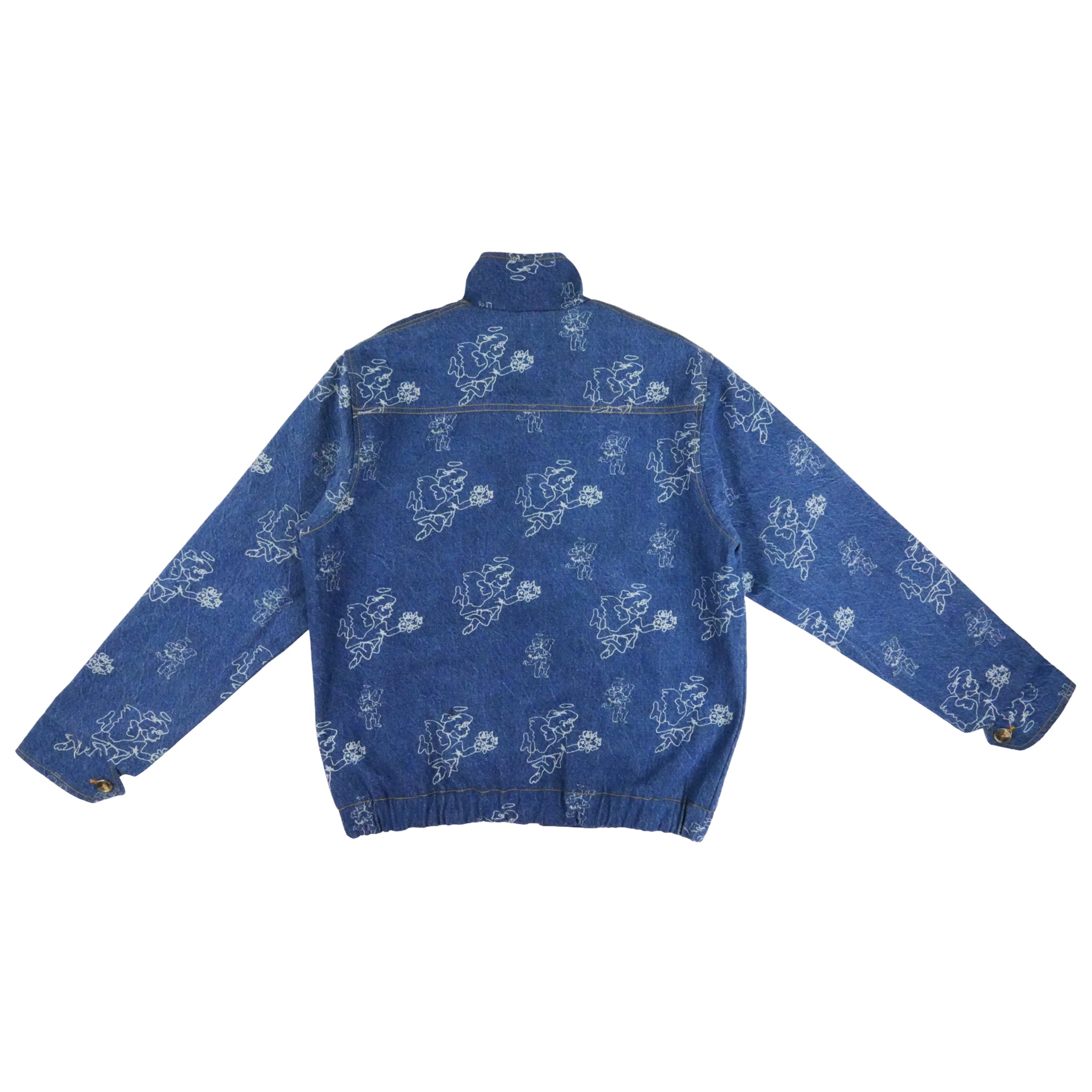 GOD Cherub Print Stonewash Denim Harrington Jacket