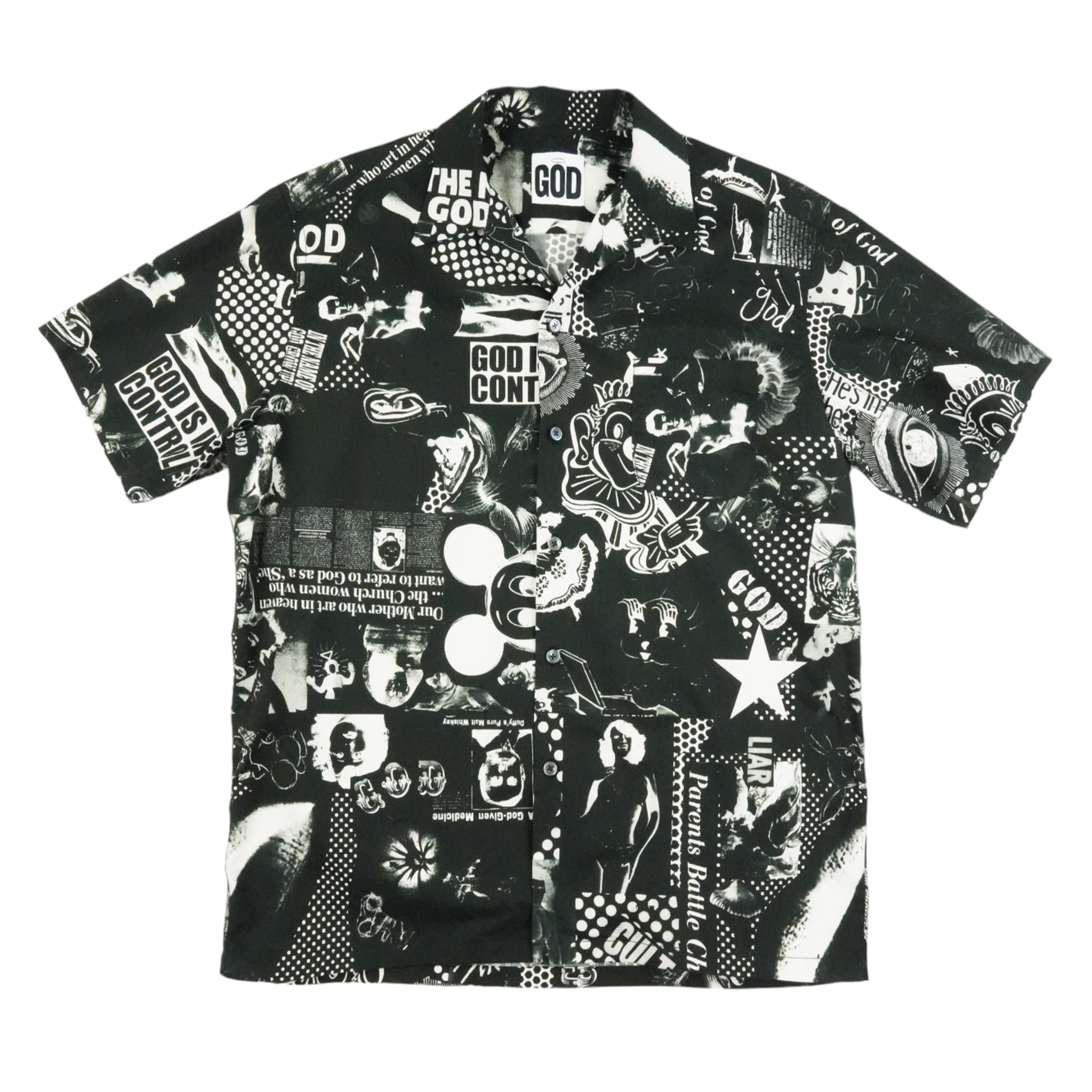 God Black Collage Print Bowling Shirt